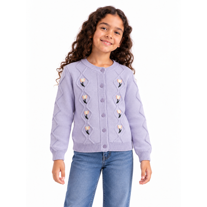 Girls' Embroidered Button Knit Cardigan in Purple on a model