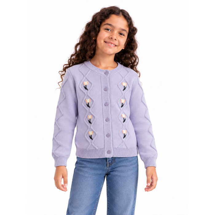 Girls' Embroidered Button Knit Cardigan in Purple on a model