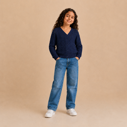Girls openwork knit button cardigan in navy