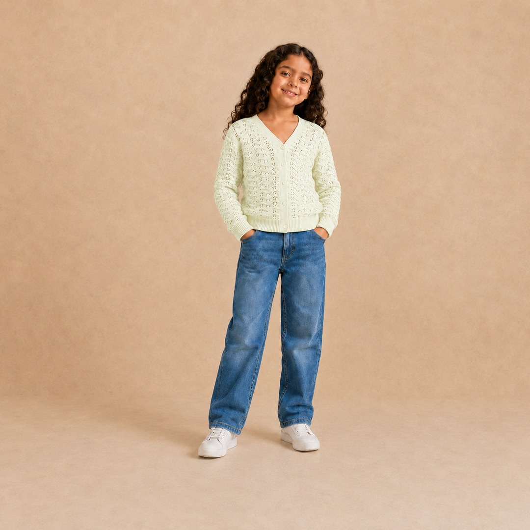 Girls openwork knit button cardigan in yellow