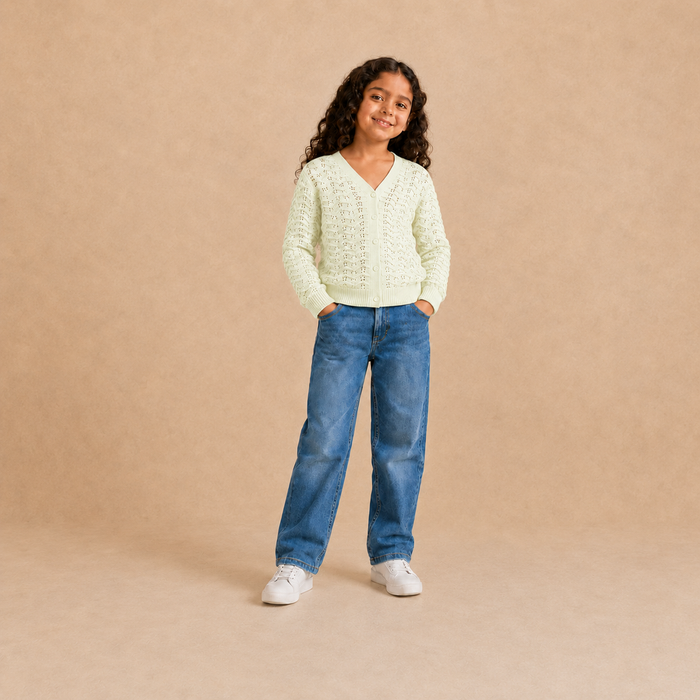 Girls openwork knit button cardigan in yellow