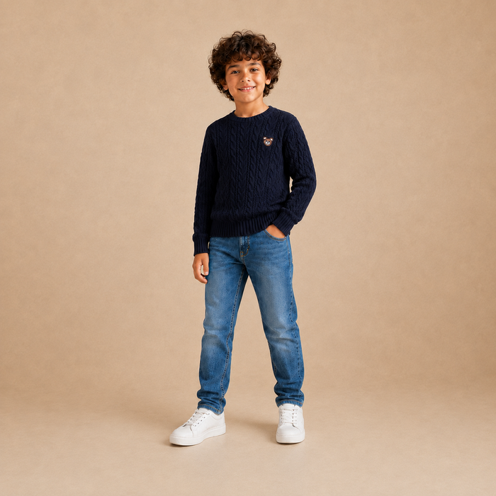 Unisex kids cable knit crew neck pullover in navy