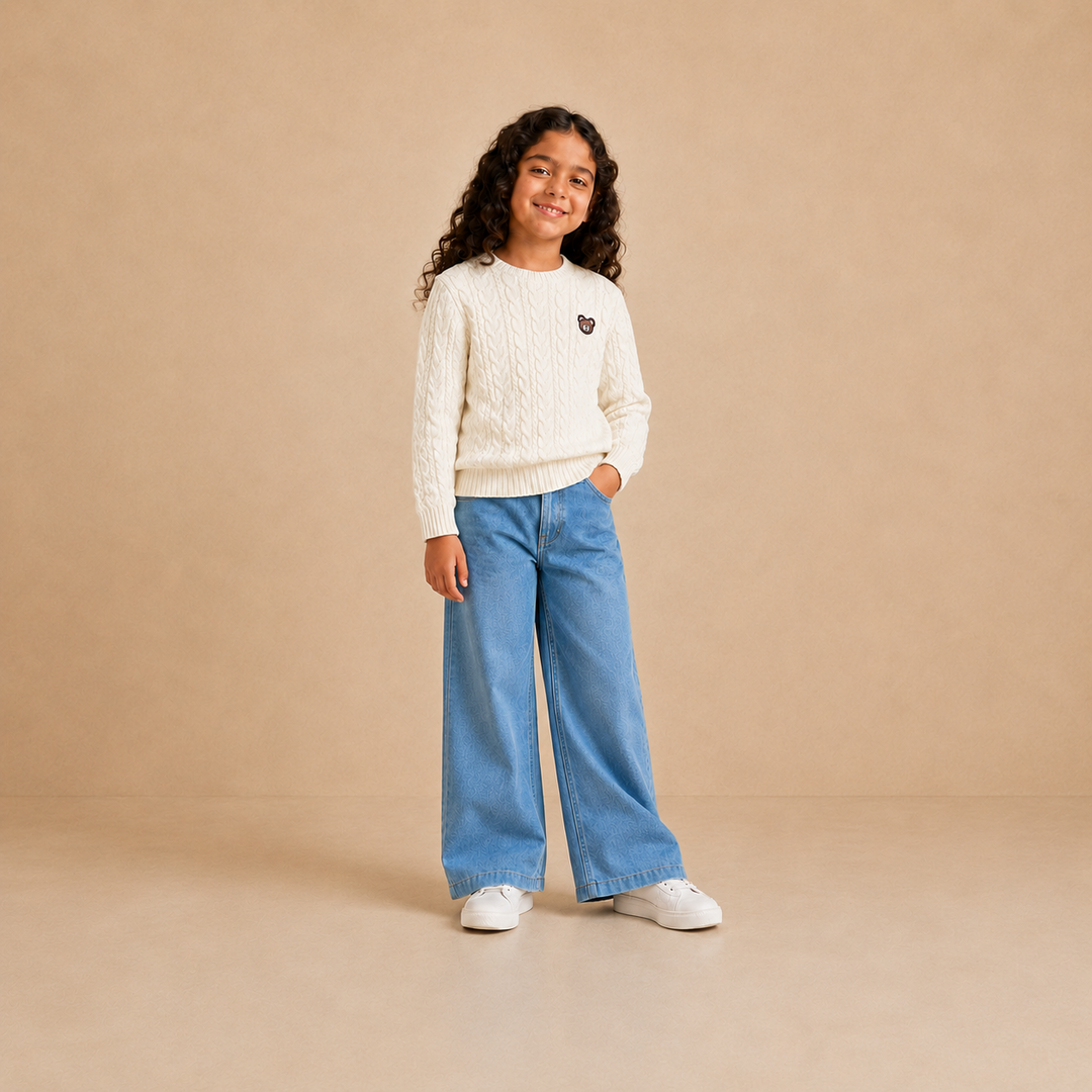 Unisex kids cable knit crew neck pullover in cream