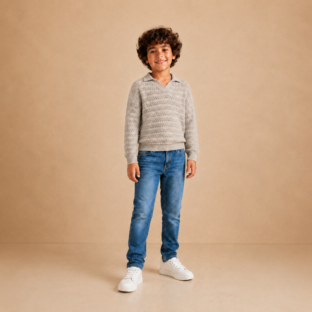 Unisex kids openwork knit polo pullover in beige