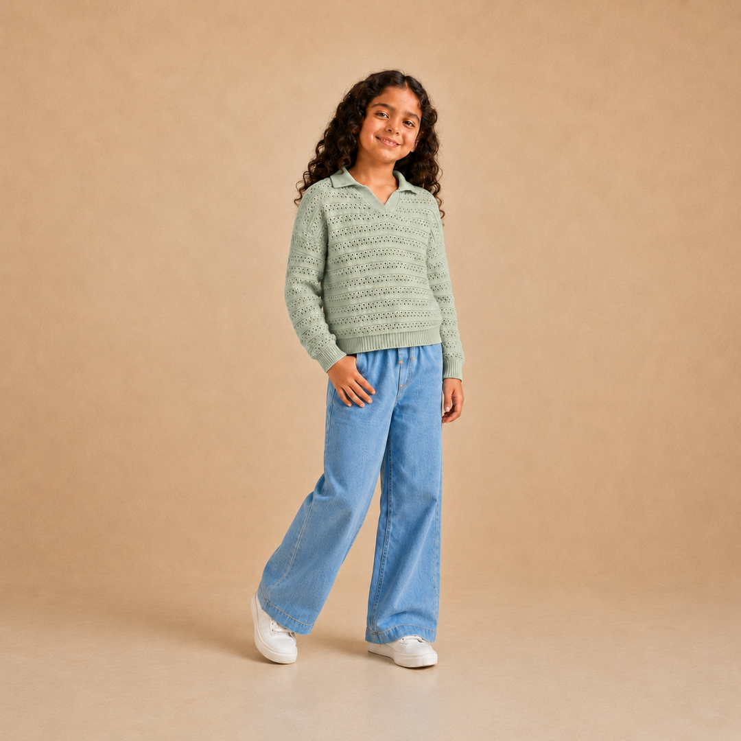 Unisex kids openwork knit polo pullover in mint