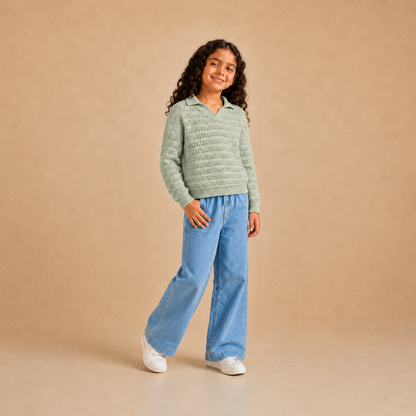 Unisex kids openwork knit polo pullover in mint