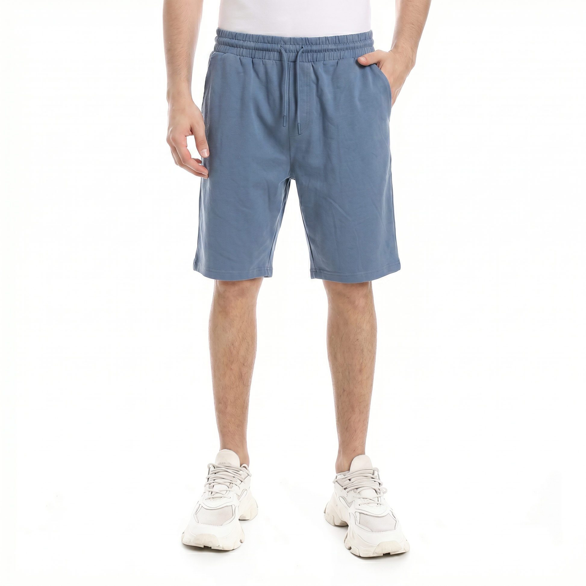 Men wearing plain cotton shorts with elastic waistband and drawstring