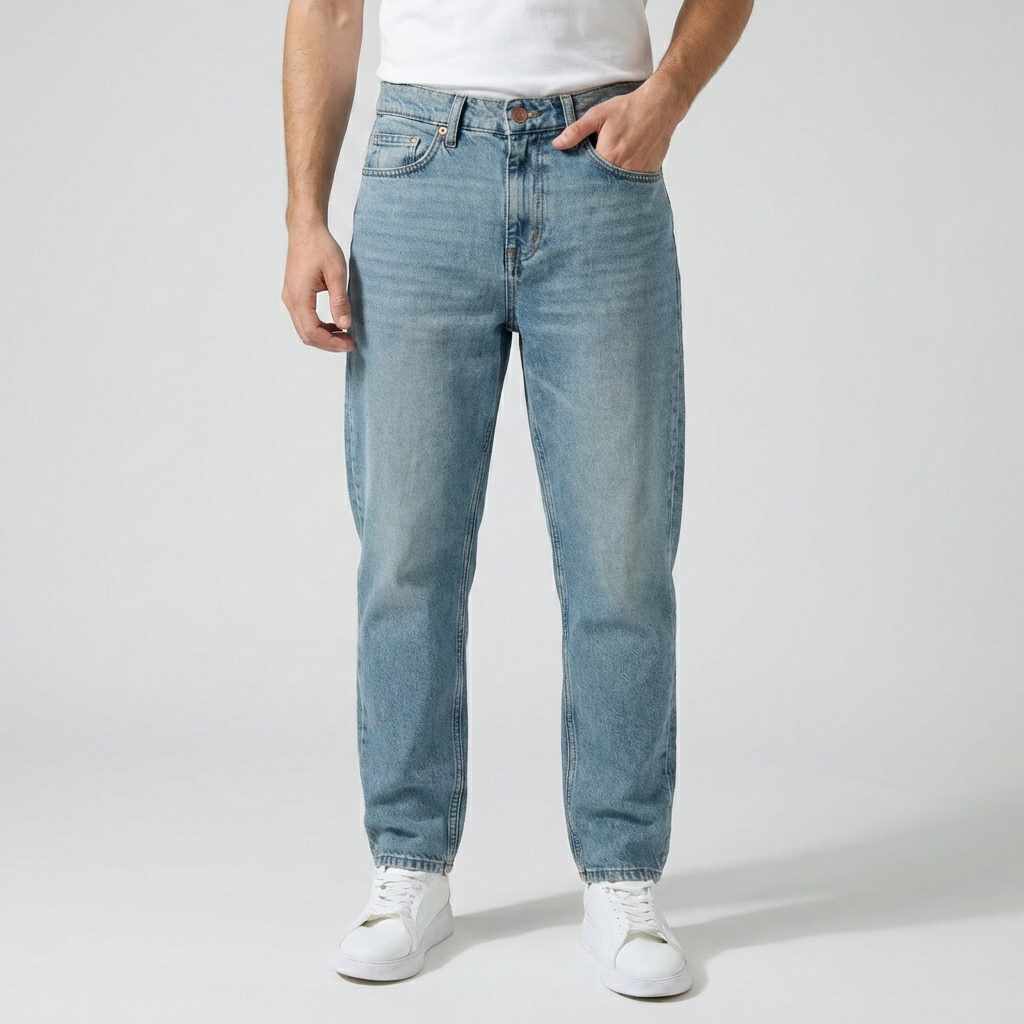 mens loose tapered fit denim jeans relaxed top tapered leg front view