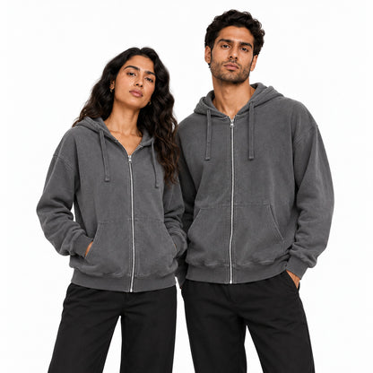 Man and woman wearing the dark gray washed full-zip hooded jacket