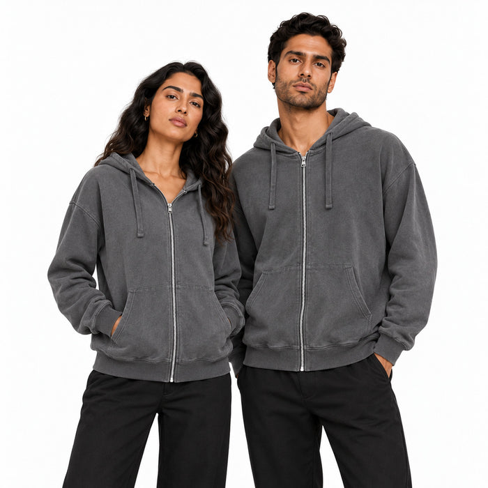 Man and woman wearing the dark gray washed full-zip hooded jacket