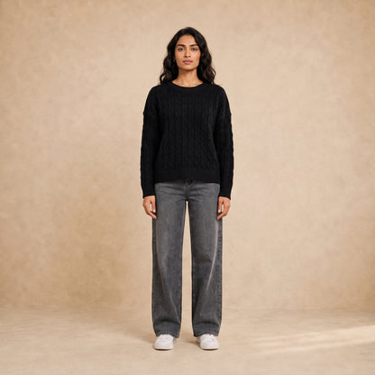 Women cable knit crew neck pullover in black - 26152102