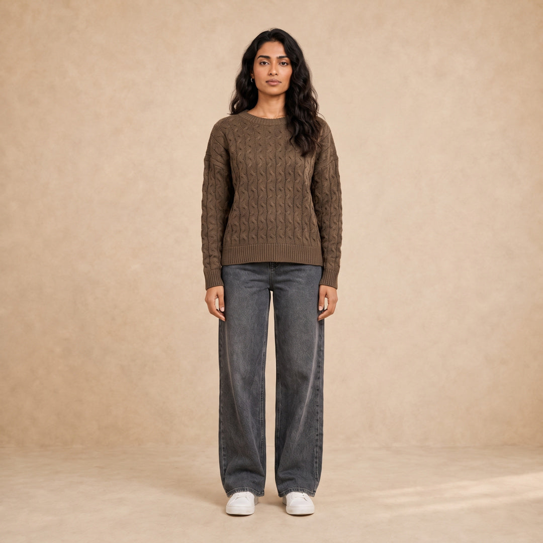 Women cable knit crew neck pullover in brown - 26152102