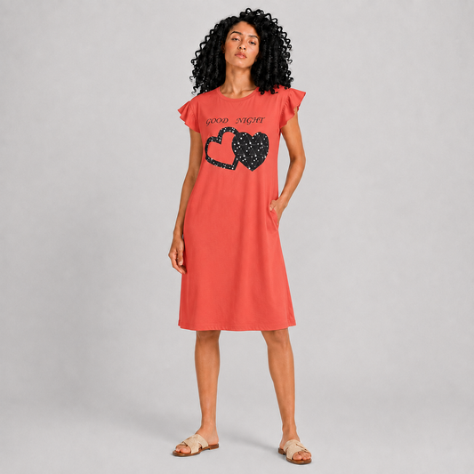 Women's orange Good Night heart print sleeping dress on model