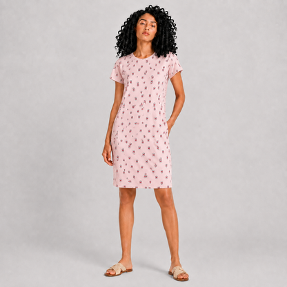 Women’s pink printed short sleeve sleeping dress on model