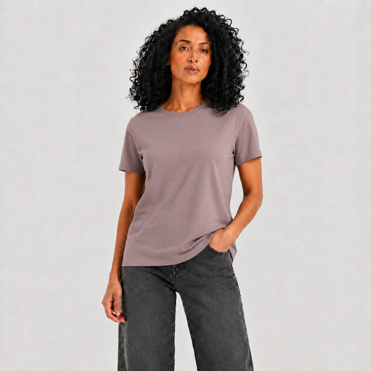 Women's plain dusty mauve short sleeve T-shirt on model