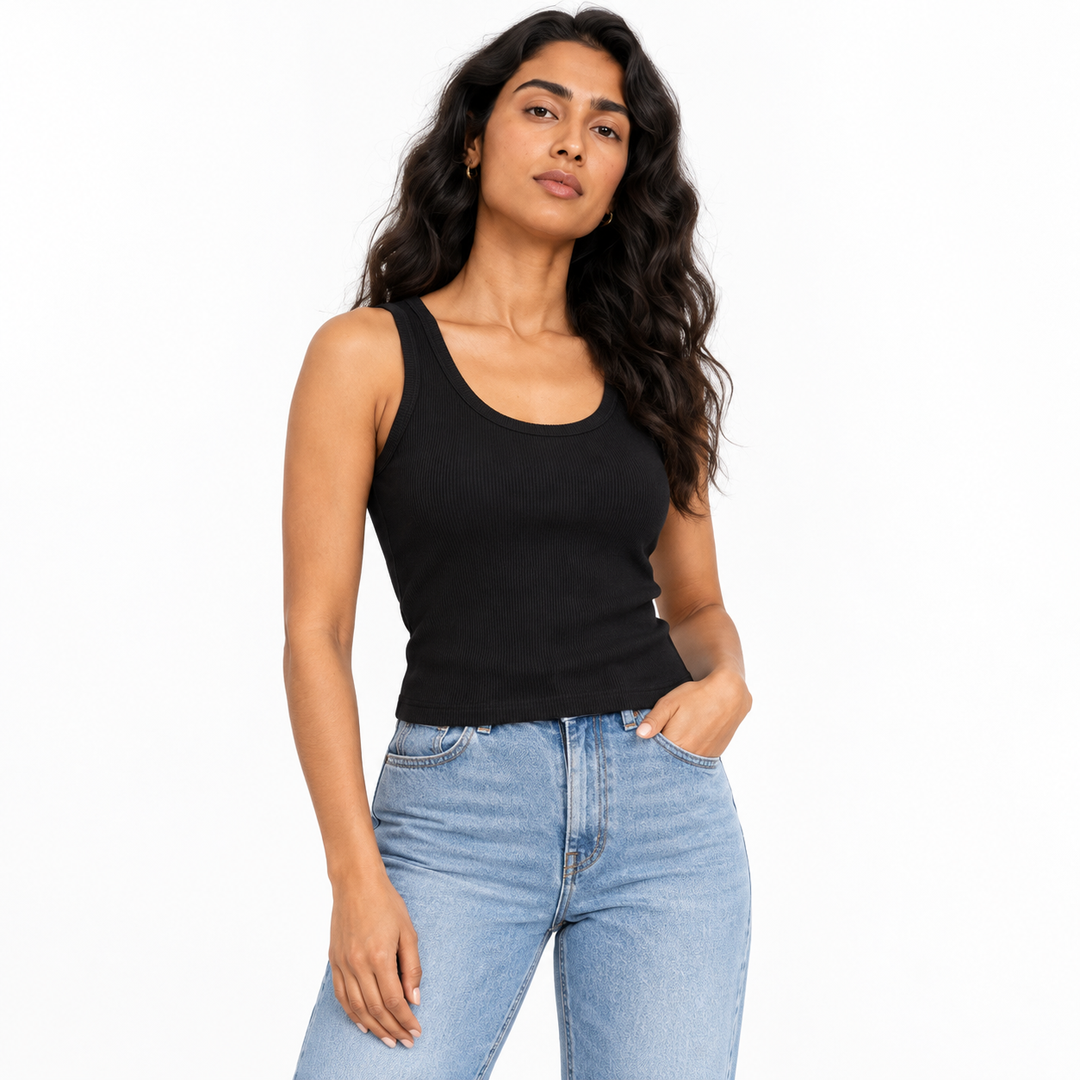 Women's black ribbed sleeveless tank top on model