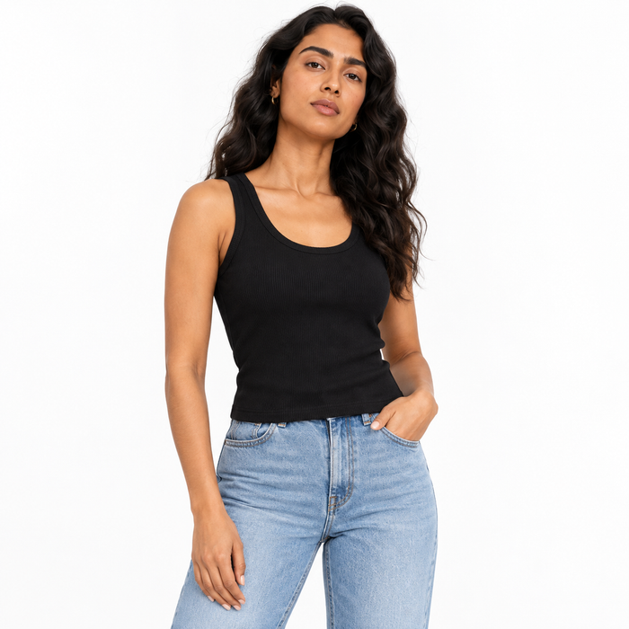 Women's black ribbed sleeveless tank top on model