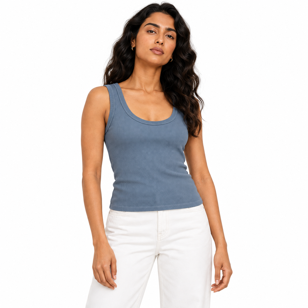 Women's sky blue ribbed sleeveless tank top on model