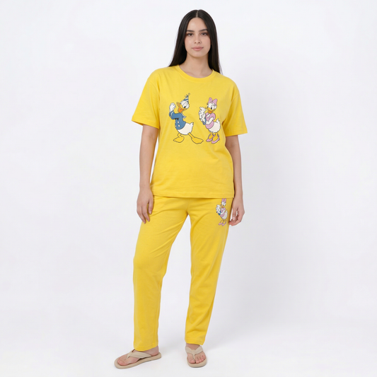 Women's yellow cotton cartoon pajama set with short sleeve t-shirt and pants